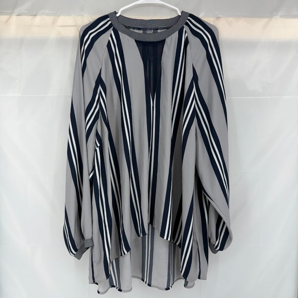 Melissa McCarthy Women 3X Striped Blouse Long Sleeve Gray Blue Hi Low Hem Top